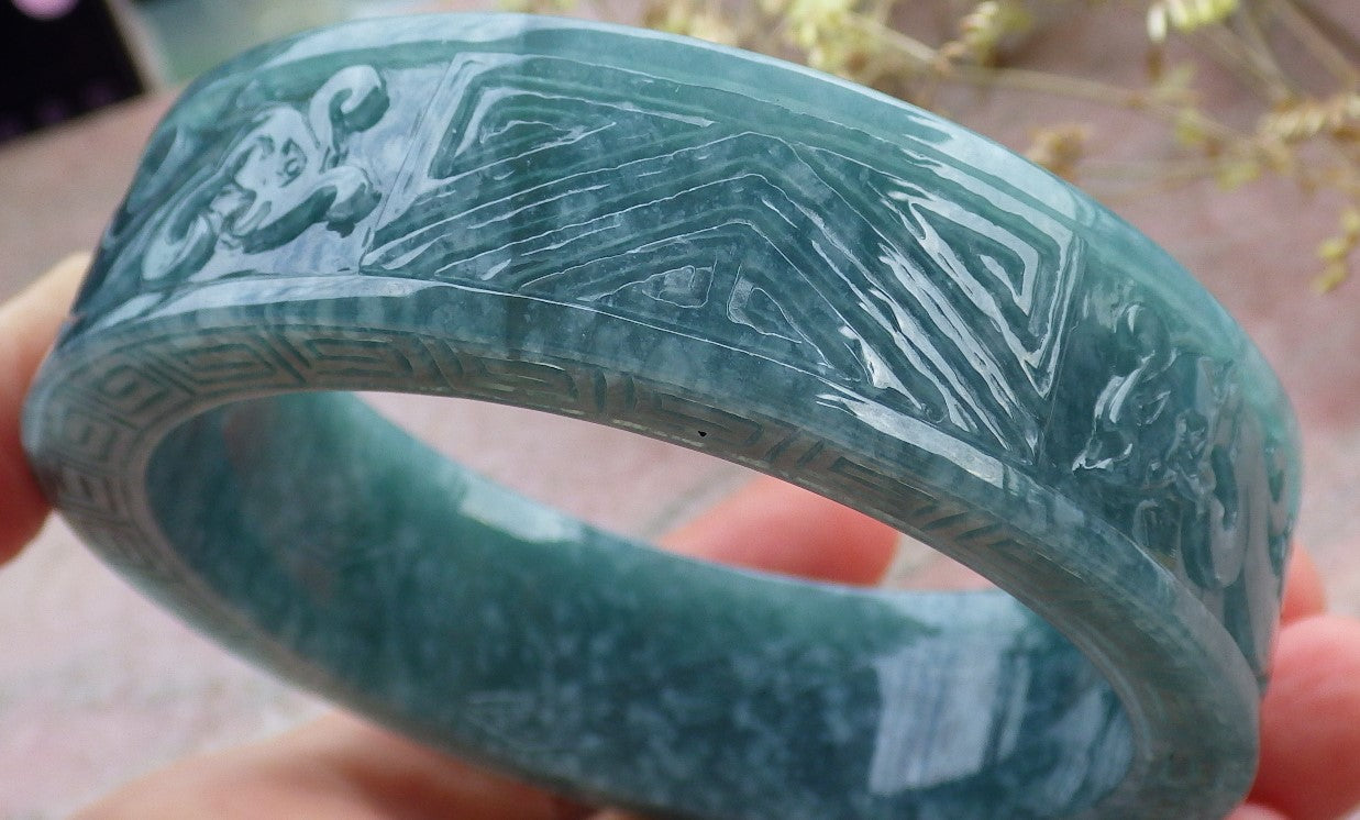 Certified Icy Green Burma 100% Natural A JADE Jadeite Dragon Phoenix Bangle Bracelet 65 mm 手镯 641714  TN