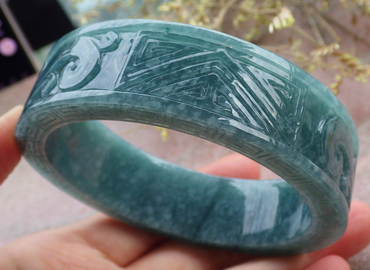 Certified Icy Green Burma 100% Natural A JADE Jadeite Dragon Phoenix Bangle Bracelet 65 mm 手镯 641714  TN