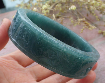 Certified Icy Green Burma 100% Natural A JADE Jadeite Dragon Phoenix Bangle Bracelet 65 mm 手镯 641714  TN
