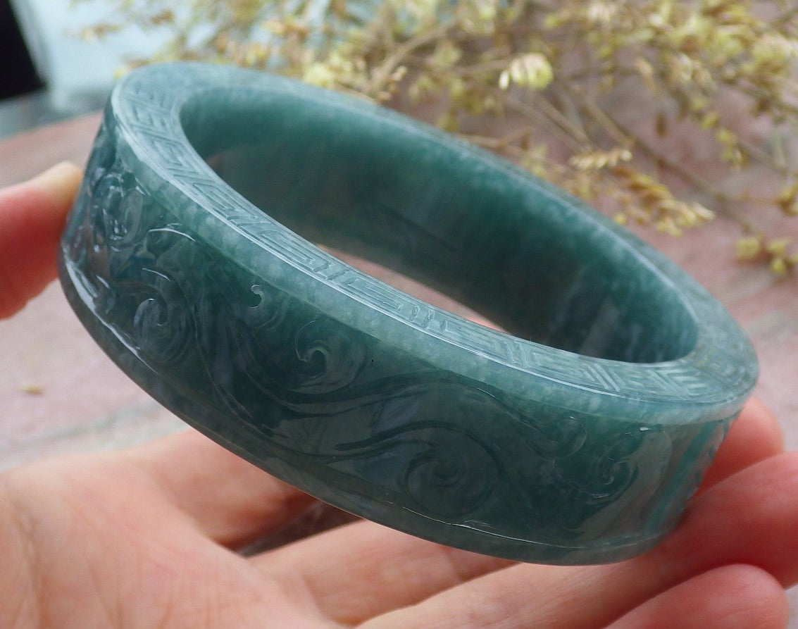Certified Icy Green Burma 100% Natural A JADE Jadeite Dragon Phoenix Bangle Bracelet 65 mm 手镯 641714  TN