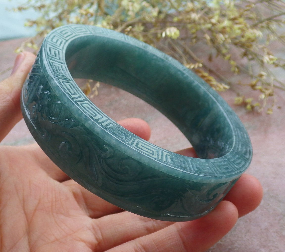 Certified Icy Green Burma 100% Natural A JADE Jadeite Dragon Phoenix Bangle Bracelet 65 mm 手镯 641714  TN