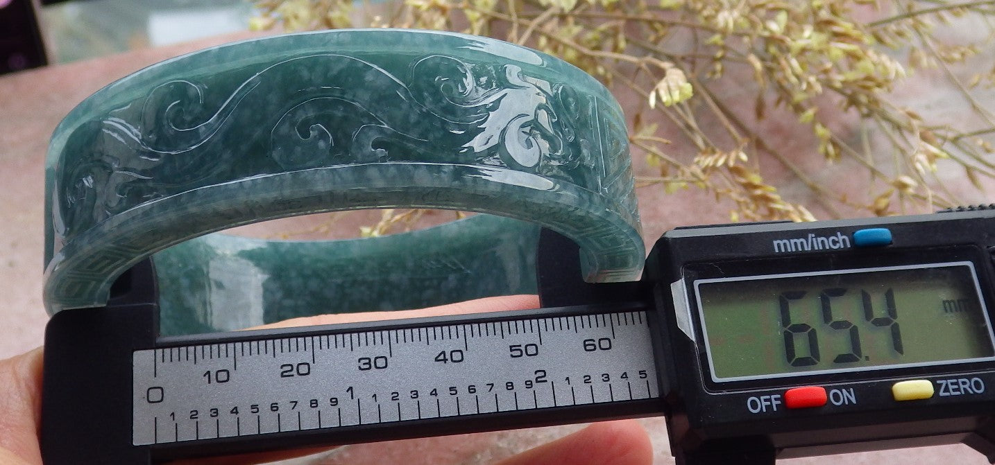 Certified Icy Green Burma 100% Natural A JADE Jadeite Dragon Phoenix Bangle Bracelet 65 mm 手镯 641714  TN