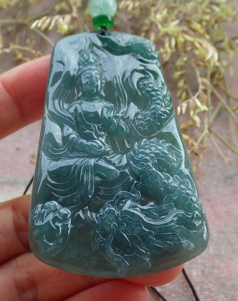 Certified Icy Green Burma 100% Natural A Jade jadeite Pendant Guanyin Kwan Yin Dragon Necklace 观音 641752  TN