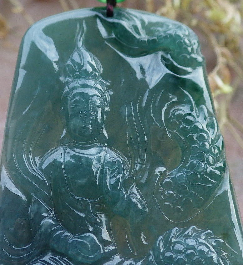 Certified Icy Green Burma 100% Natural A Jade jadeite Pendant Guanyin Kwan Yin Dragon Necklace 观音 641752  TN