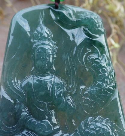 Certified Icy Green Burma 100% Natural A Jade jadeite Pendant Guanyin Kwan Yin Dragon Necklace 观音 641752  TN