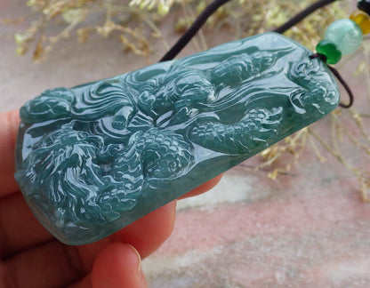 Certified Icy Green Burma 100% Natural A Jade jadeite Pendant Guanyin Kwan Yin Dragon Necklace 观音 641752  TN