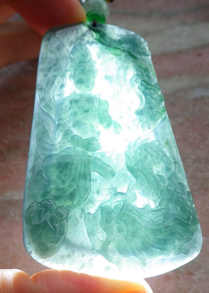 Certified Icy Green Burma 100% Natural A Jade jadeite Pendant Guanyin Kwan Yin Dragon Necklace 观音 641752  TN