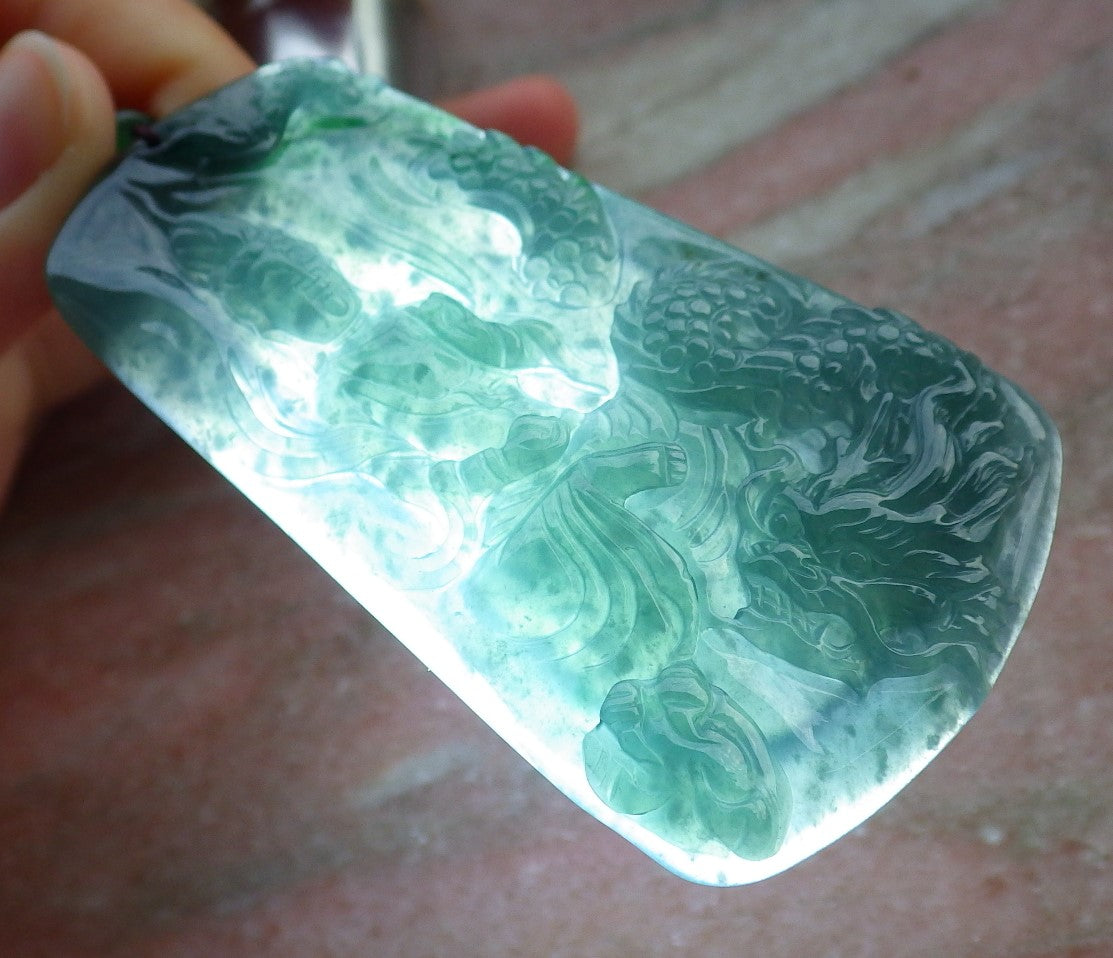 Certified Icy Green Burma 100% Natural A Jade jadeite Pendant Guanyin Kwan Yin Dragon Necklace 观音 641752  TN