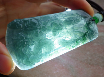 Certified Icy Green Burma 100% Natural A Jade jadeite Pendant Guanyin Kwan Yin Dragon Necklace 观音 641752  TN