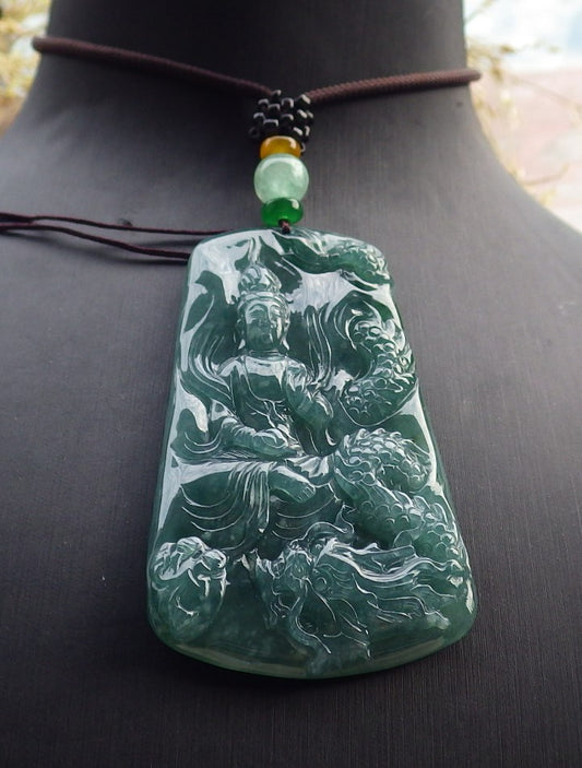 Certified Icy Green Burma 100% Natural A Jade jadeite Pendant Guanyin Kwan Yin Dragon Necklace 观音 641752  TN