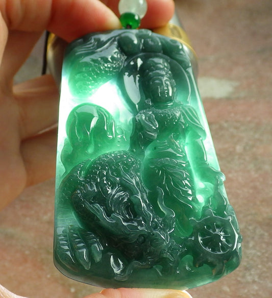 Certified Icy Green Burma 100% Natural A Jade jadeite Pendant Guanyin Kwan Yin Dragon Necklace 观音 641867  TN