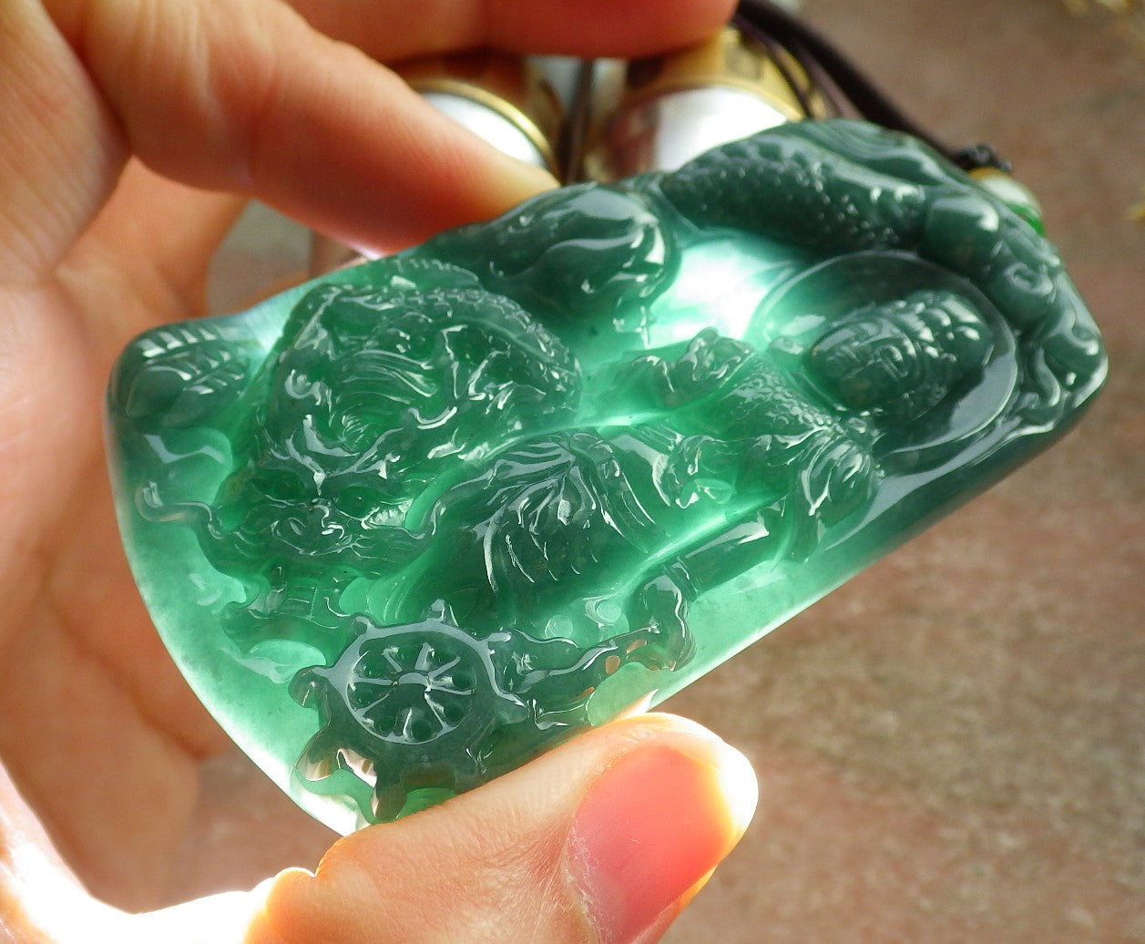 Certified Icy Green Burma 100% Natural A Jade jadeite Pendant Guanyin Kwan Yin Dragon Necklace 观音 641867  TN