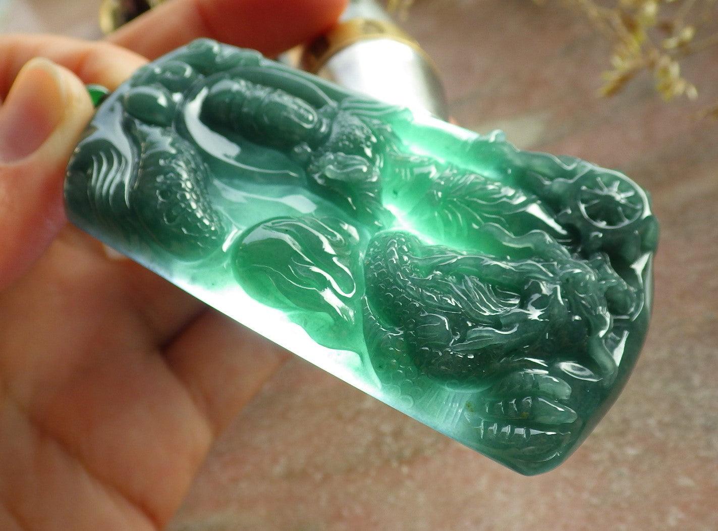 Certified Icy Green Burma 100% Natural A Jade jadeite Pendant Guanyin Kwan Yin Dragon Necklace 观音 641867  TN