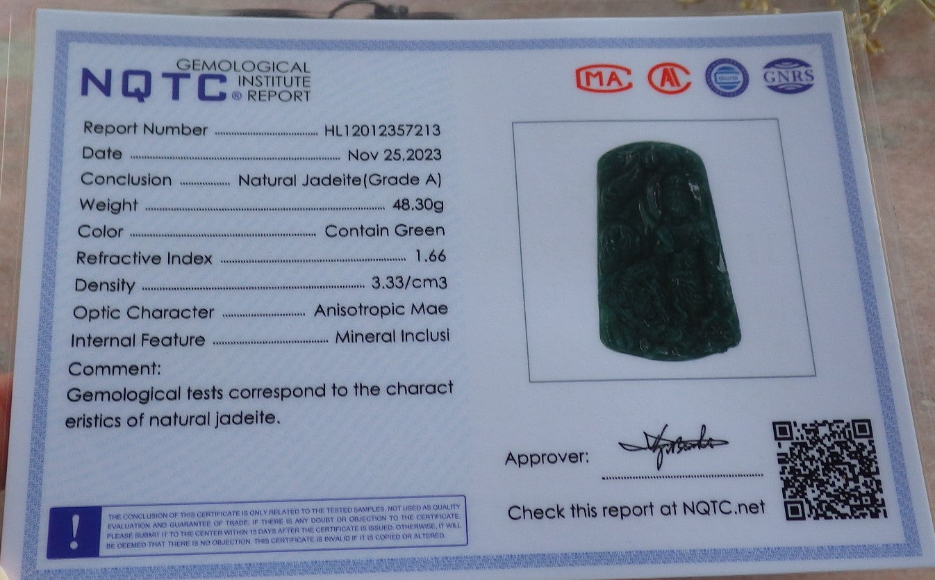 Certified Icy Green Burma 100% Natural A Jade jadeite Pendant Guanyin Kwan Yin Dragon Necklace 观音 641867  TN