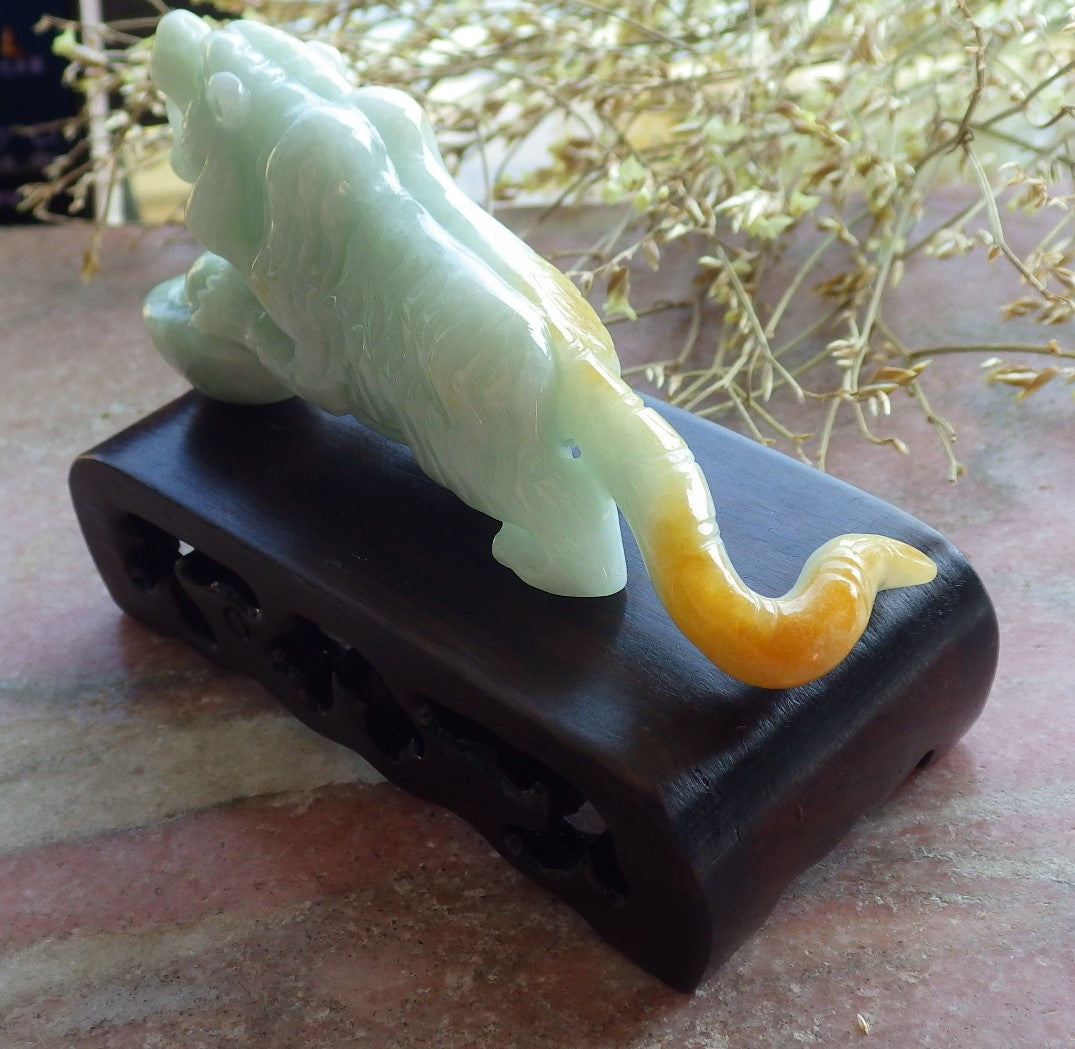 Certified Yellow Green Burma 100% Natural A Jade jadeite Display Tiger Yuan Bao 老虎 642036  TN