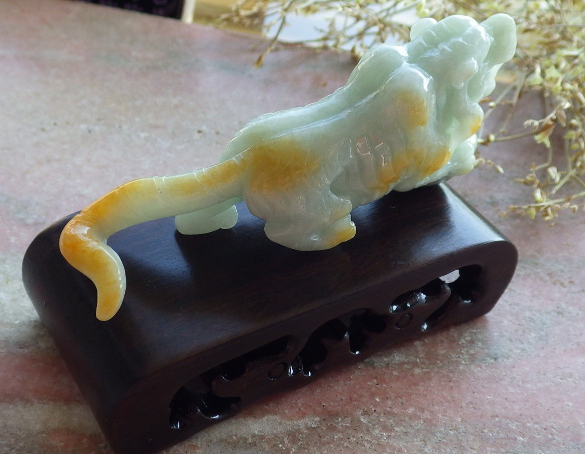Certified Yellow Green Burma 100% Natural A Jade jadeite Display Tiger Yuan Bao 老虎 642036  TN