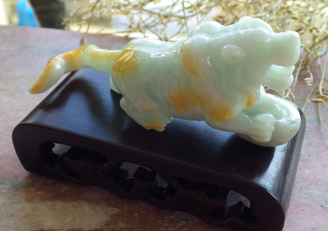 Certified Yellow Green Burma 100% Natural A Jade jadeite Display Tiger Yuan Bao 老虎 642036  TN