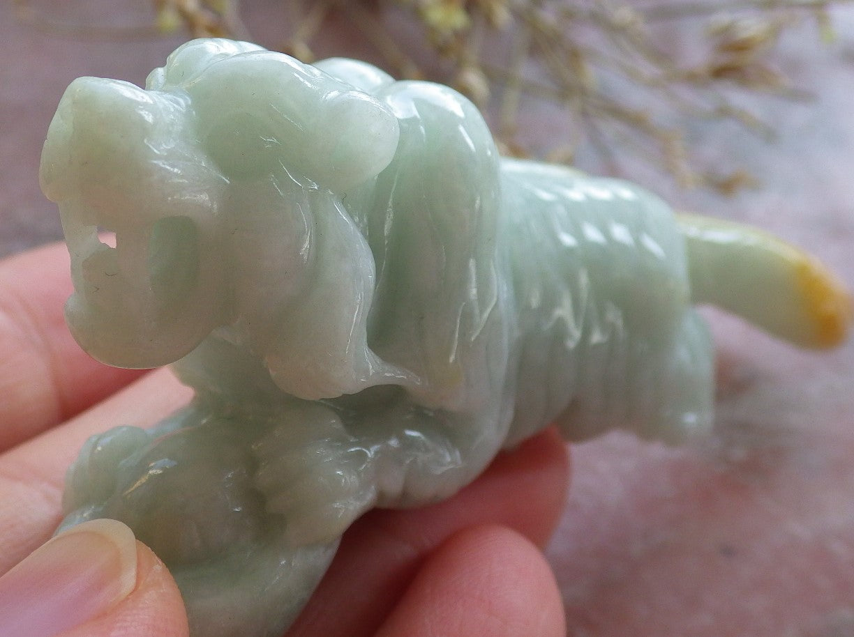 Certified Yellow Green Burma 100% Natural A Jade jadeite Display Tiger Yuan Bao 老虎 642036  TN