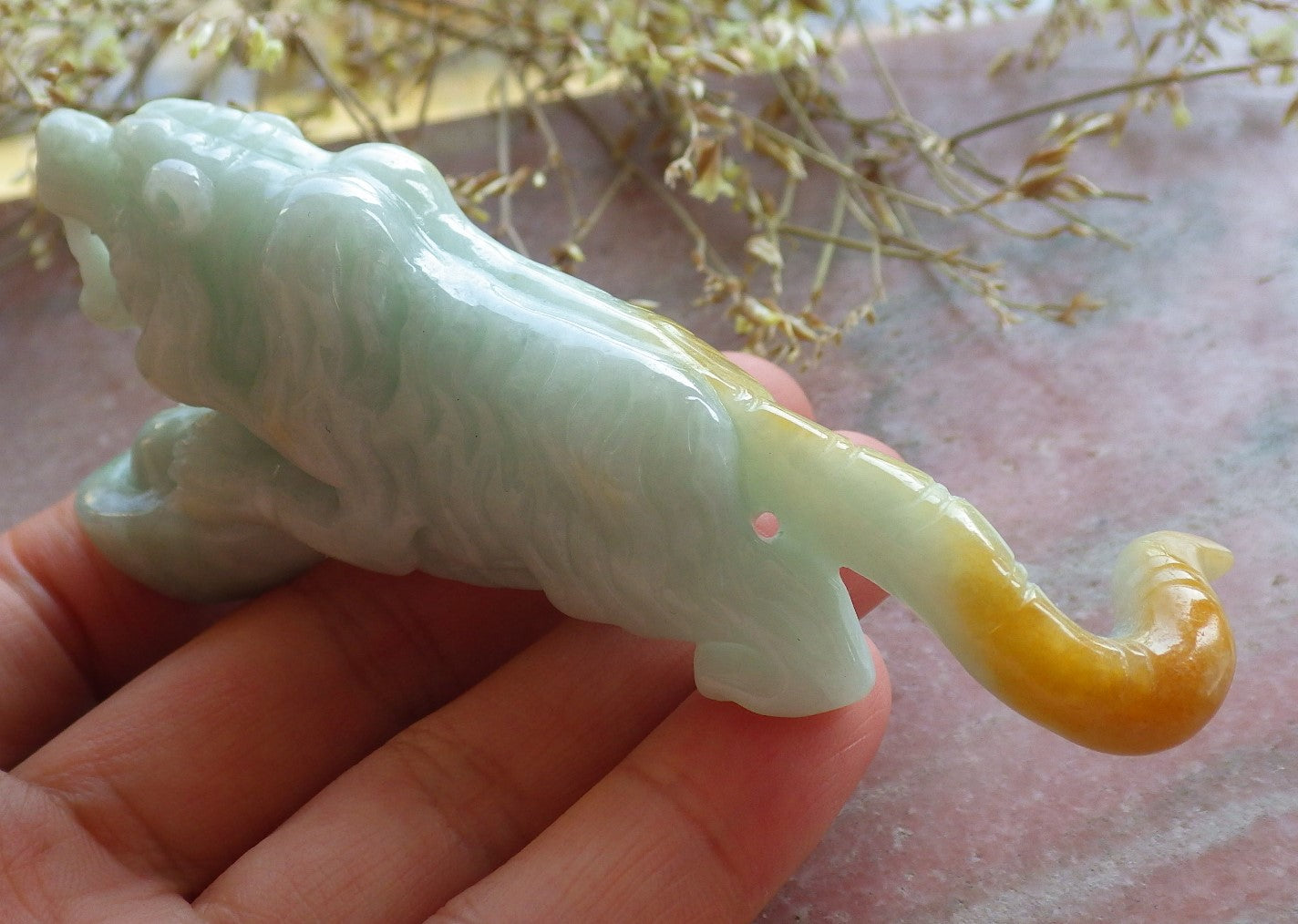 Certified Yellow Green Burma 100% Natural A Jade jadeite Display Tiger Yuan Bao 老虎 642036  TN