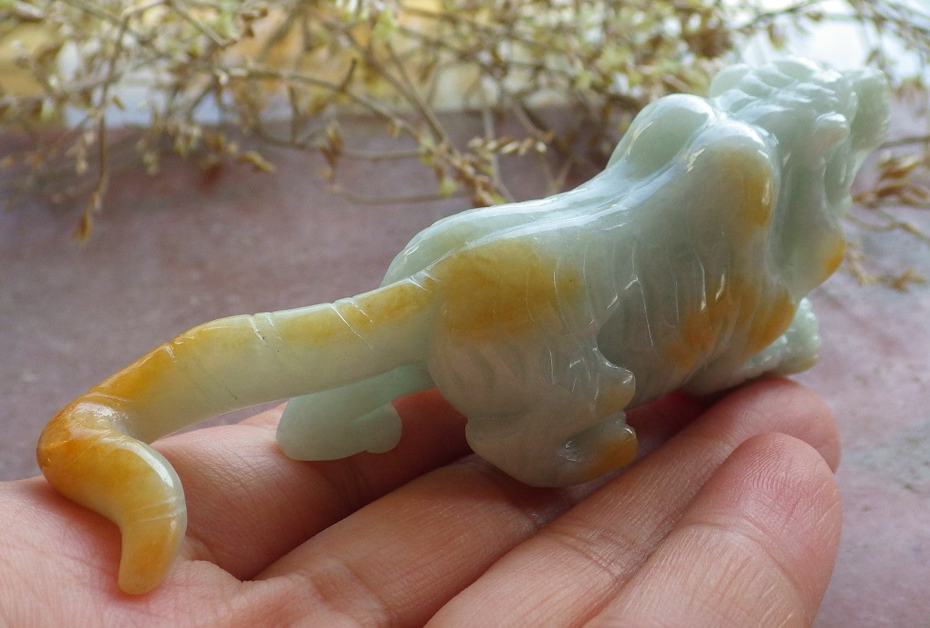 Certified Yellow Green Burma 100% Natural A Jade jadeite Display Tiger Yuan Bao 老虎 642036  TN