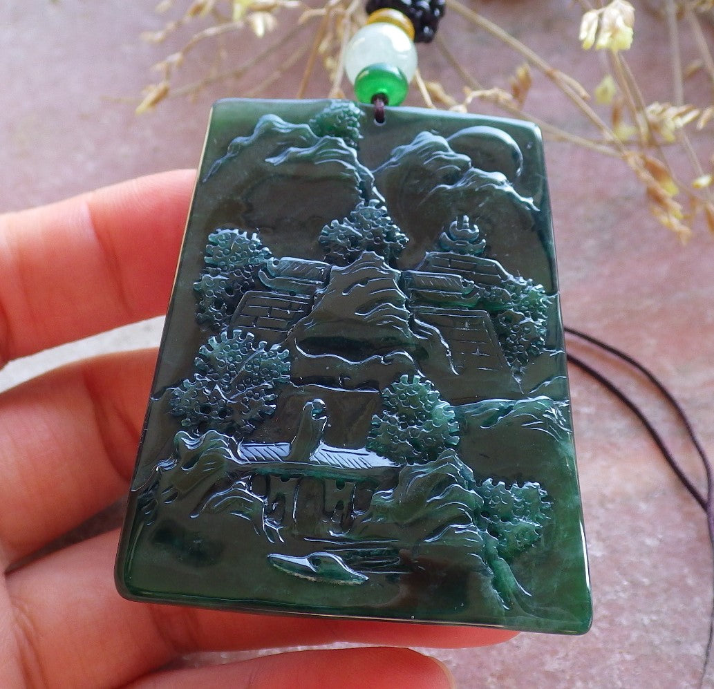 Certified Icy Green Burma 100% Natural A Jade jadeite Landscape painting Tree Necklace Necklace 山水画 642063  TN
