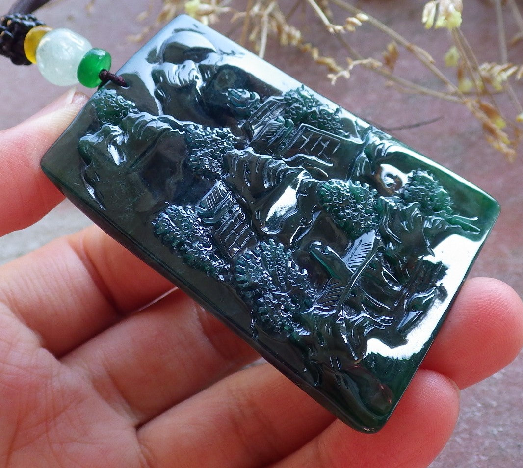 Certified Icy Green Burma 100% Natural A Jade jadeite Landscape painting Tree Necklace Necklace 山水画 642063  TN