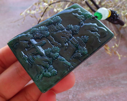 Certified Icy Green Burma 100% Natural A Jade jadeite Landscape painting Tree Necklace Necklace 山水画 642063  TN