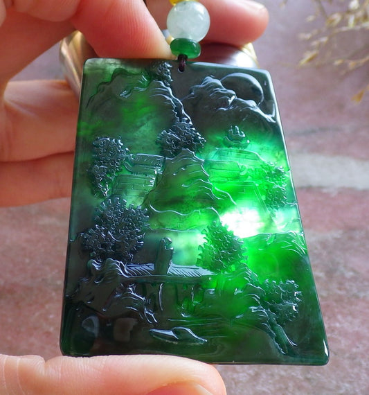 Certified Icy Green Burma 100% Natural A Jade jadeite Landscape painting Tree Necklace Necklace 山水画 642063  TN