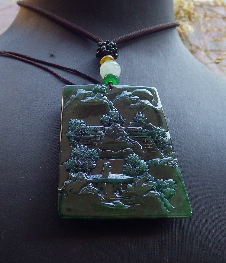 Certified Icy Green Burma 100% Natural A Jade jadeite Landscape painting Tree Necklace Necklace 山水画 642063  TN
