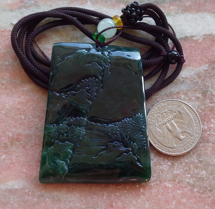 Certified Icy Green Burma 100% Natural A Jade jadeite Landscape painting Tree Necklace Necklace 山水画 642063  TN