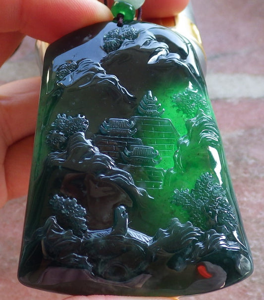 Certified Icy Green Burma 100% Natural A Jade jadeite Landscape painting Tree Necklace Necklace 山水画 642072  TN