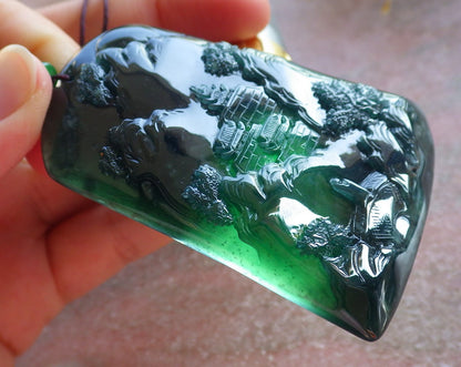 Certified Icy Green Burma 100% Natural A Jade jadeite Landscape painting Tree Necklace Necklace 山水画 642072  TN