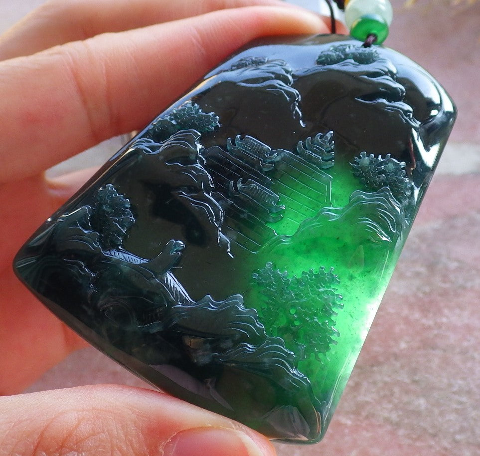 Certified Icy Green Burma 100% Natural A Jade jadeite Landscape painting Tree Necklace Necklace 山水画 642072  TN