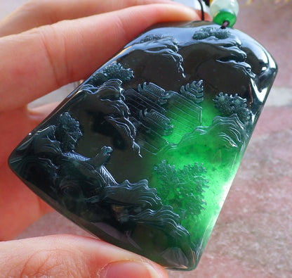 Certified Icy Green Burma 100% Natural A Jade jadeite Landscape painting Tree Necklace Necklace 山水画 642072  TN