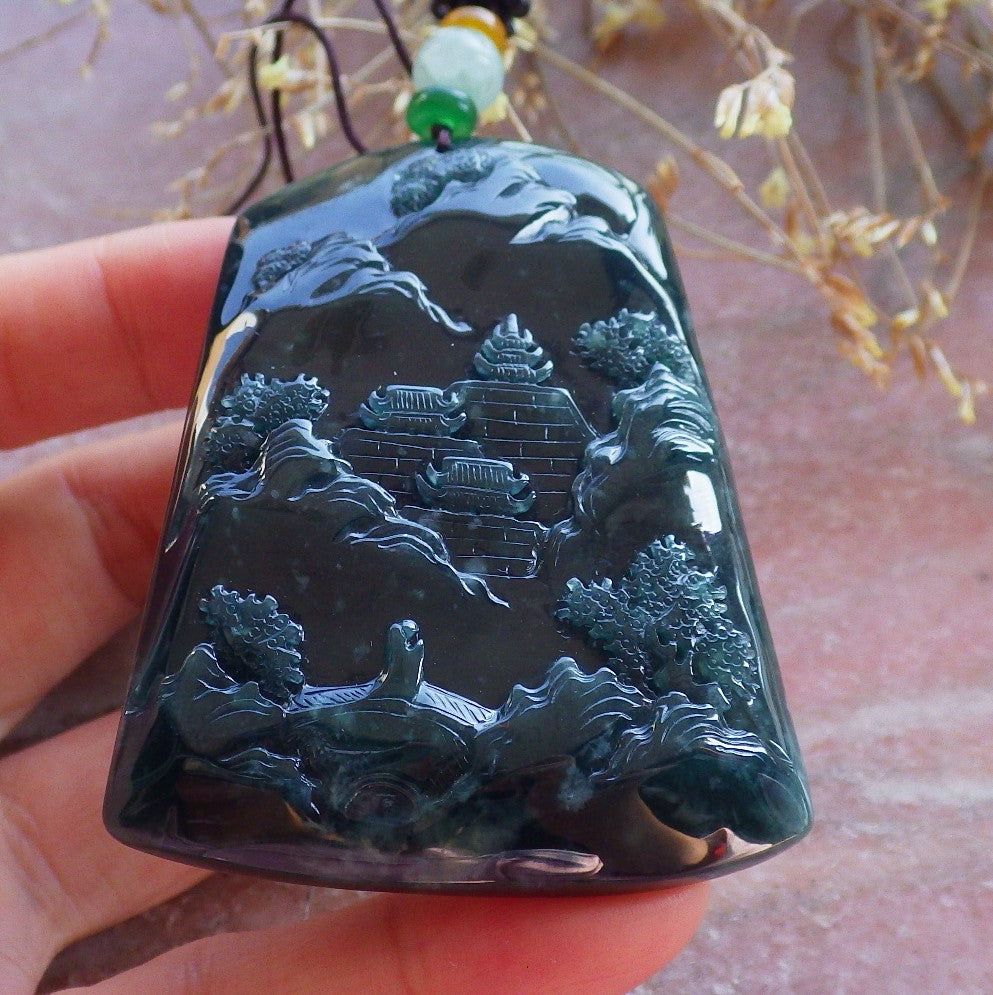 Certified Icy Green Burma 100% Natural A Jade jadeite Landscape painting Tree Necklace Necklace 山水画 642072  TN