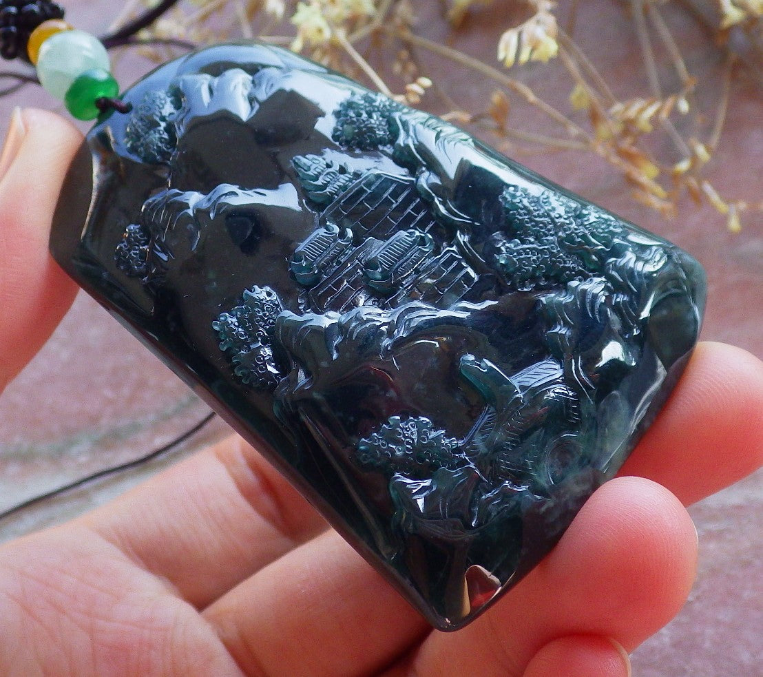 Certified Icy Green Burma 100% Natural A Jade jadeite Landscape painting Tree Necklace Necklace 山水画 642072  TN