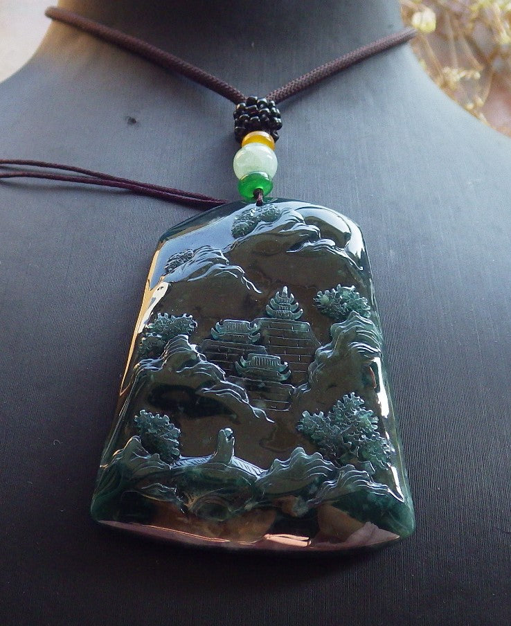 Certified Icy Green Burma 100% Natural A Jade jadeite Landscape painting Tree Necklace Necklace 山水画 642072  TN