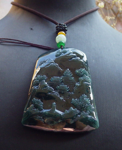 Certified Icy Green Burma 100% Natural A Jade jadeite Landscape painting Tree Necklace Necklace 山水画 642072  TN