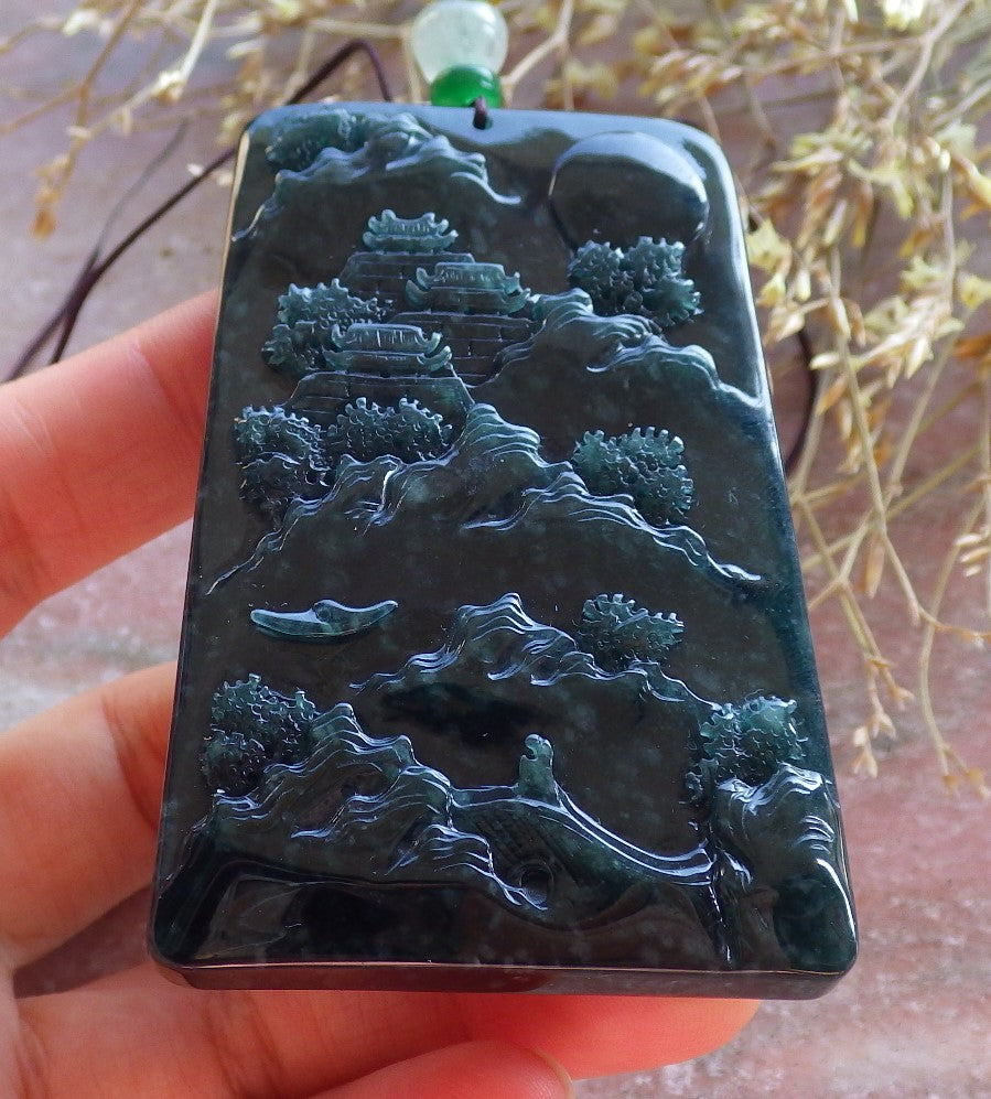 Certified Icy Green Burma 100% Natural A Jade jadeite Landscape painting Tree Necklace Necklace 山水画 642096  TN