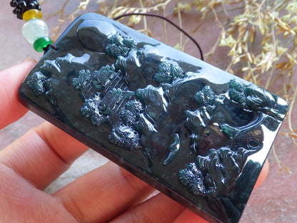 Certified Icy Green Burma 100% Natural A Jade jadeite Landscape painting Tree Necklace Necklace 山水画 642096  TN