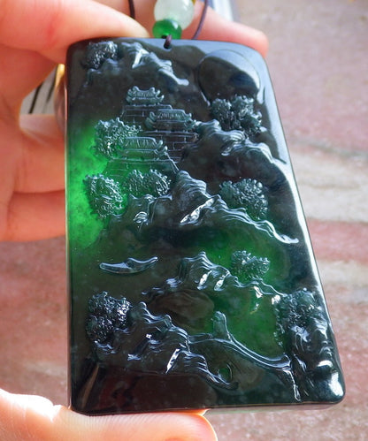 Certified Icy Green Burma 100% Natural A Jade jadeite Landscape painting Tree Necklace Necklace 山水画 642096  TN
