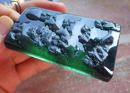Certified Icy Green Burma 100% Natural A Jade jadeite Landscape painting Tree Necklace Necklace 山水画 642096  TN