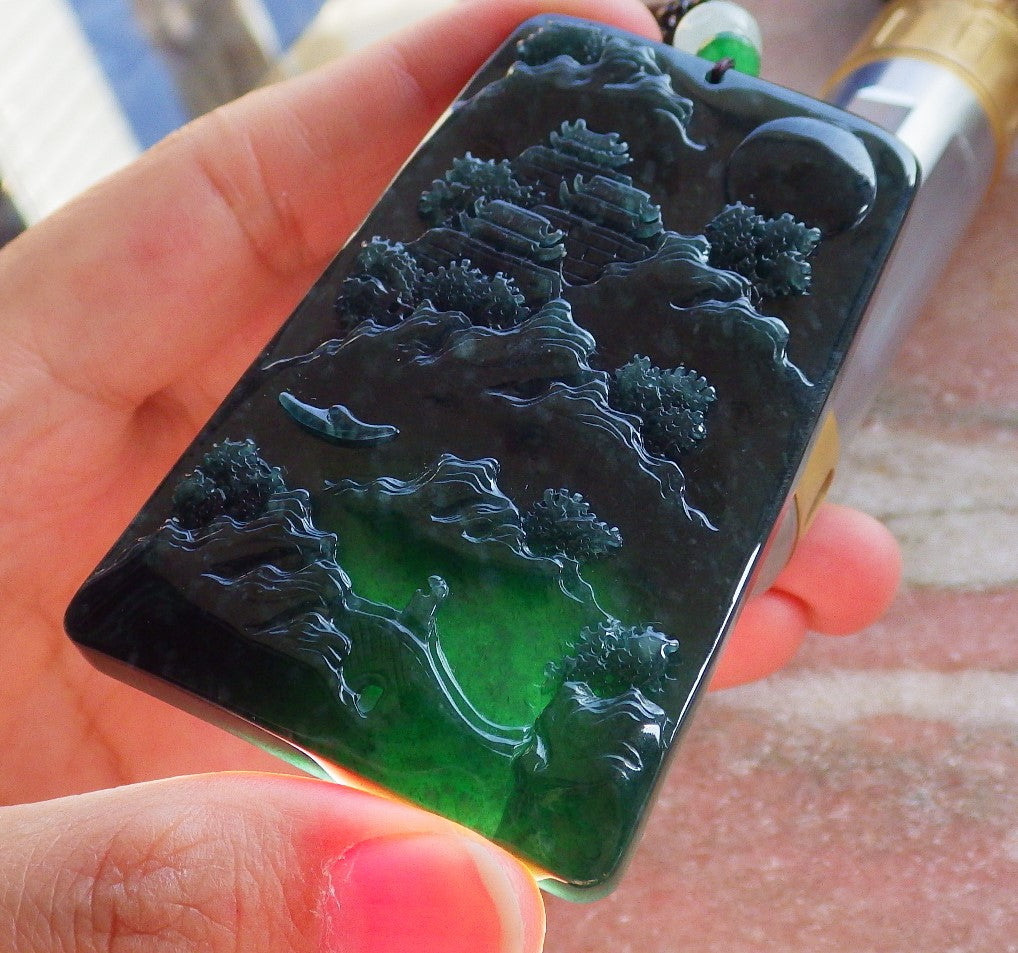 Certified Icy Green Burma 100% Natural A Jade jadeite Landscape painting Tree Necklace Necklace 山水画 642096  TN