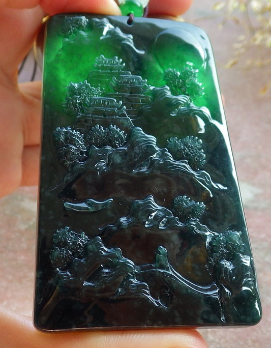 Certified Icy Green Burma 100% Natural A Jade jadeite Landscape painting Tree Necklace Necklace 山水画 642096  TN