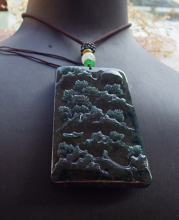 Certified Icy Green Burma 100% Natural A Jade jadeite Landscape painting Tree Necklace Necklace 山水画 642096  TN