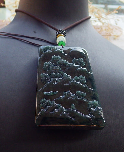 Certified Icy Green Burma 100% Natural A Jade jadeite Landscape painting Tree Necklace Necklace 山水画 642096  TN
