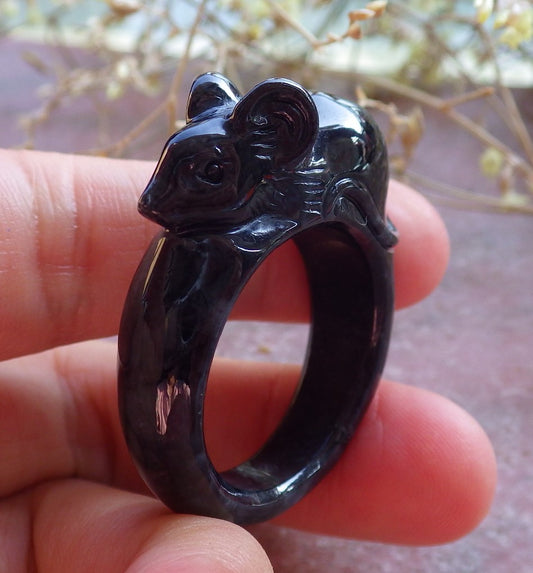 Certified Black Burma 100% Natural A JADE Jadeite Mouse Rat RING USA 13 戒指 642130  TN
