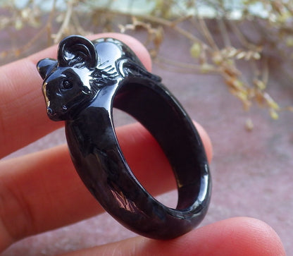 Certified Black Burma 100% Natural A JADE Jadeite Mouse Rat RING USA 13 戒指 642130  TN