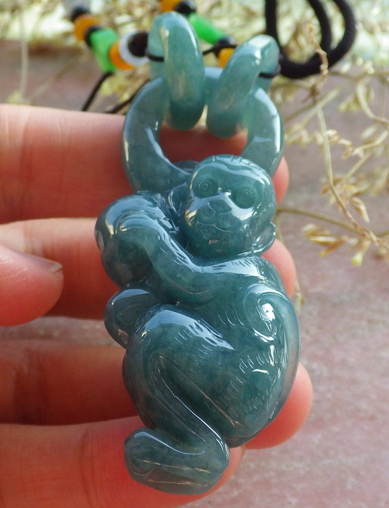 Certified Icy Green Burma 100% Natural A Jade jadeite Pendant Monkey Peach W Ring 猴子 642166  TN