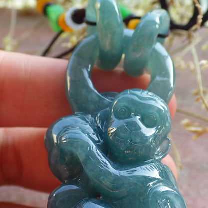 Certified Icy Green Burma 100% Natural A Jade jadeite Pendant Monkey Peach W Ring 猴子 642166  TN